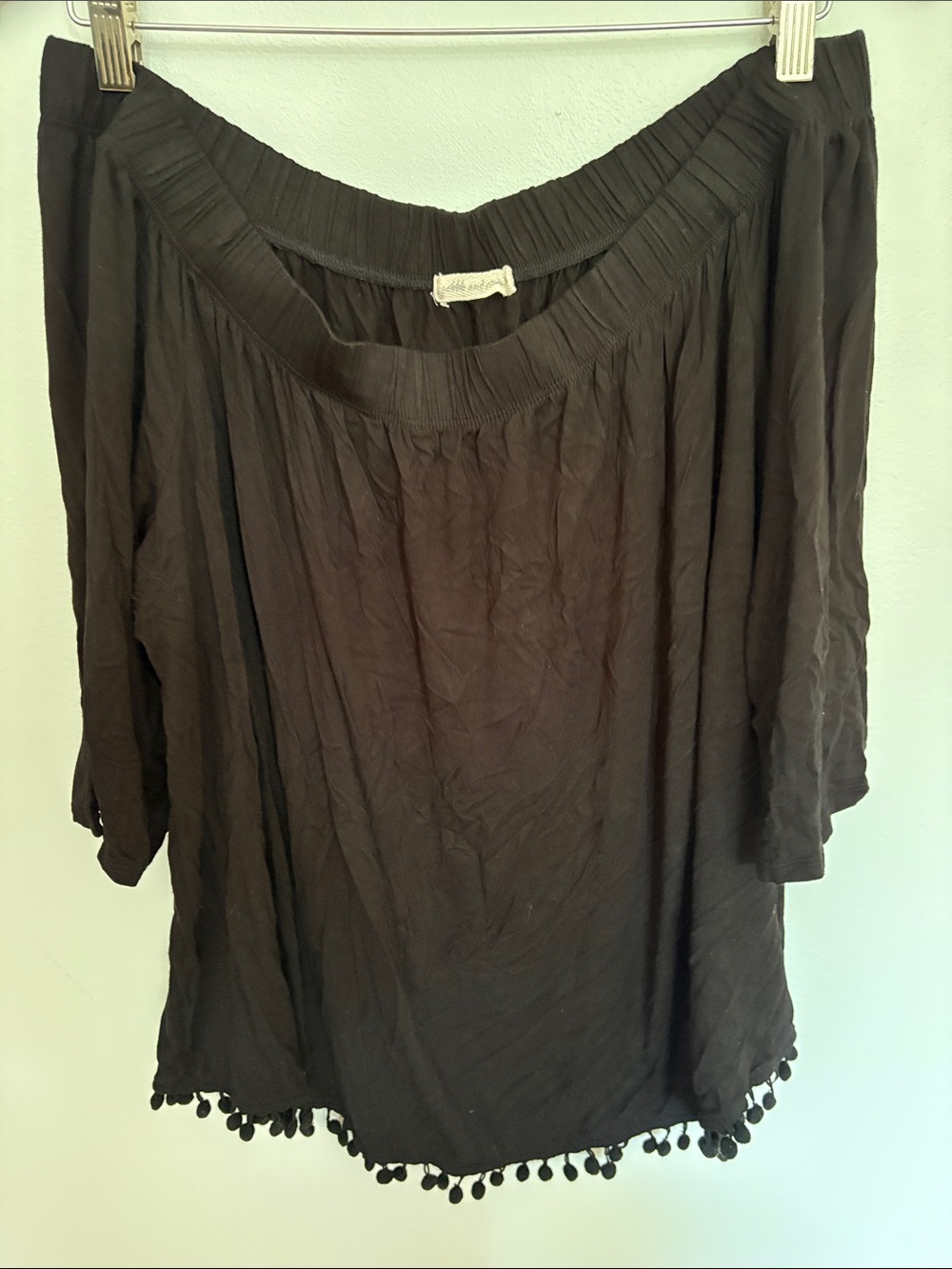 pebble and stone Black Off-Shoulder Pom Hem Tunic